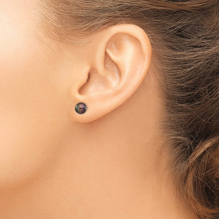14K White Gold 7-8mm Black Button Freshwater Pearl Stud Post Earrings