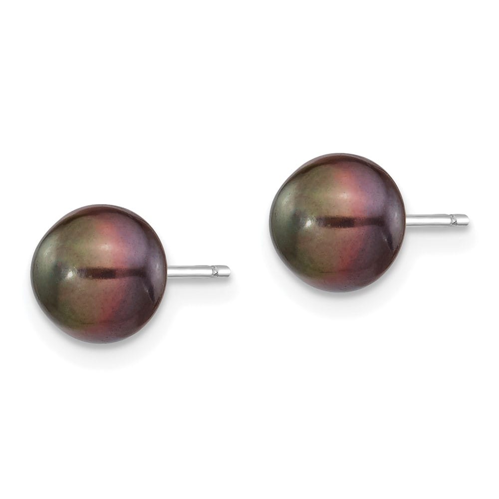 14K White Gold 7-8mm Black Button Freshwater Pearl Stud Post Earrings