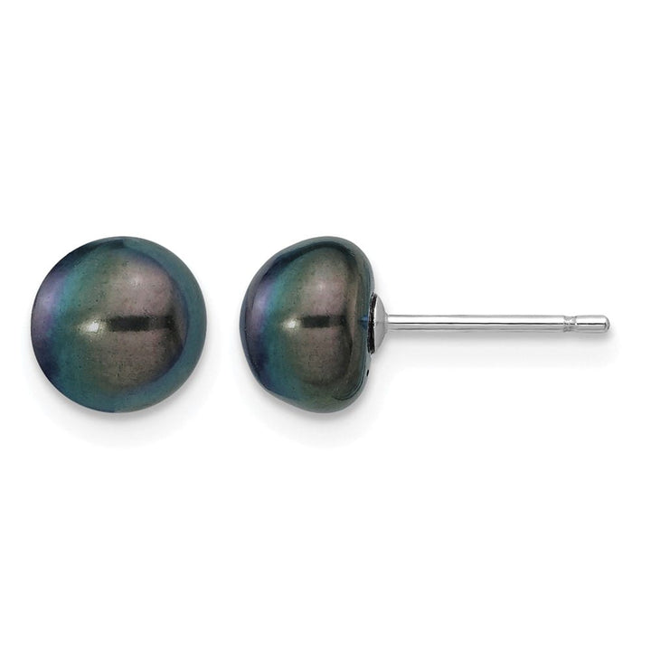 14K White Gold 7-8mm Black Button Freshwater Pearl Stud Post Earrings