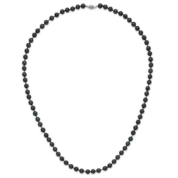 14K White Gold 7-8mm Black Round Akoya Cultured Pearl 24 inch Necklace