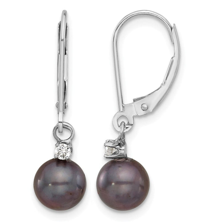 14K White Gold 7-8mm Black Round Freshwater Pearl and .10 Earrings