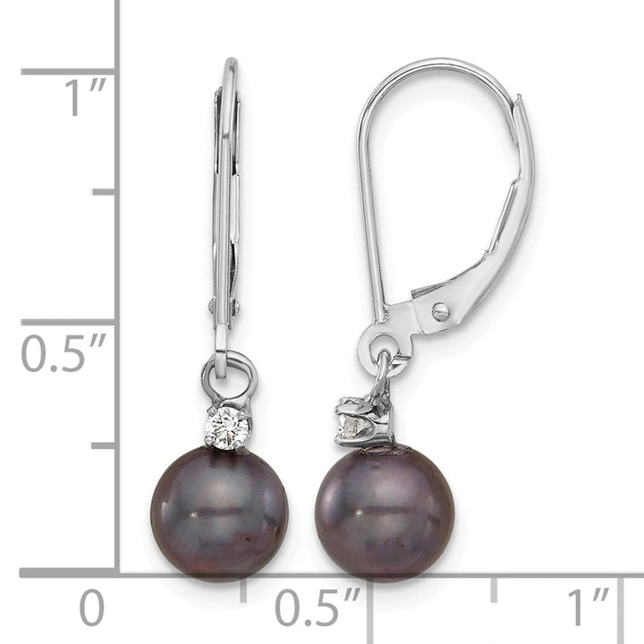 14K White Gold 7-8mm Black Round Freshwater Pearl and .10 Earrings