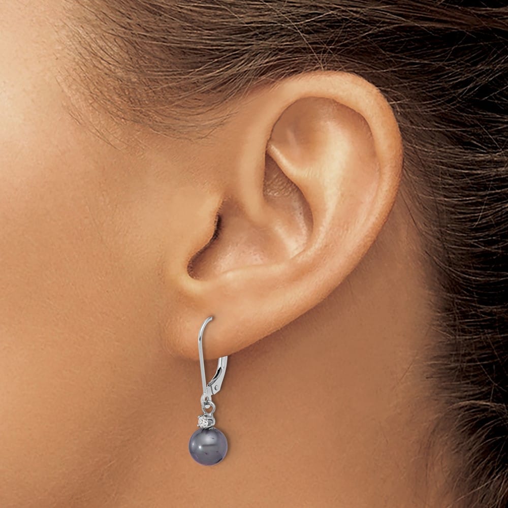 14K White Gold 7-8mm Black Round Freshwater Pearl and .10 Earrings