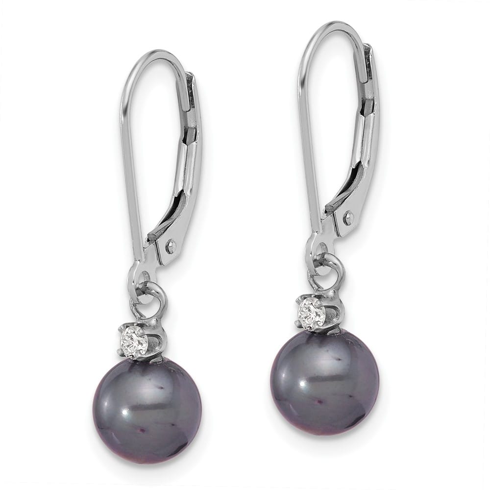 14K White Gold 7-8mm Black Round Freshwater Pearl and .10 Earrings