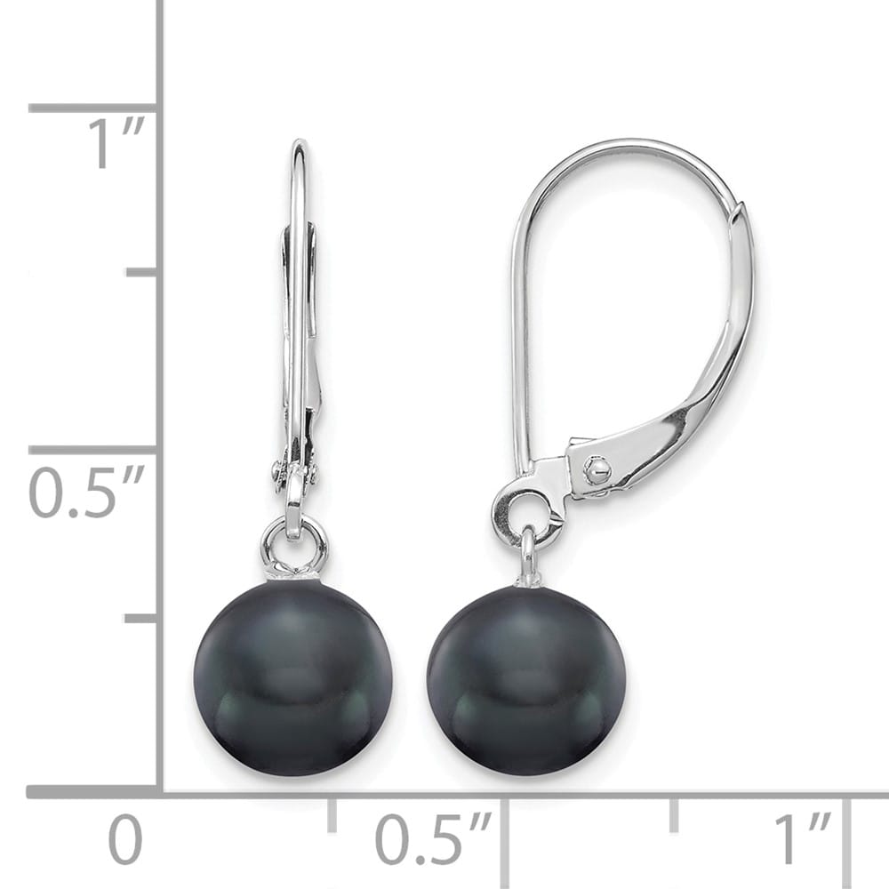 14K White Gold 7-8mm Black Round Freshwater Pearl Dangle Earrings