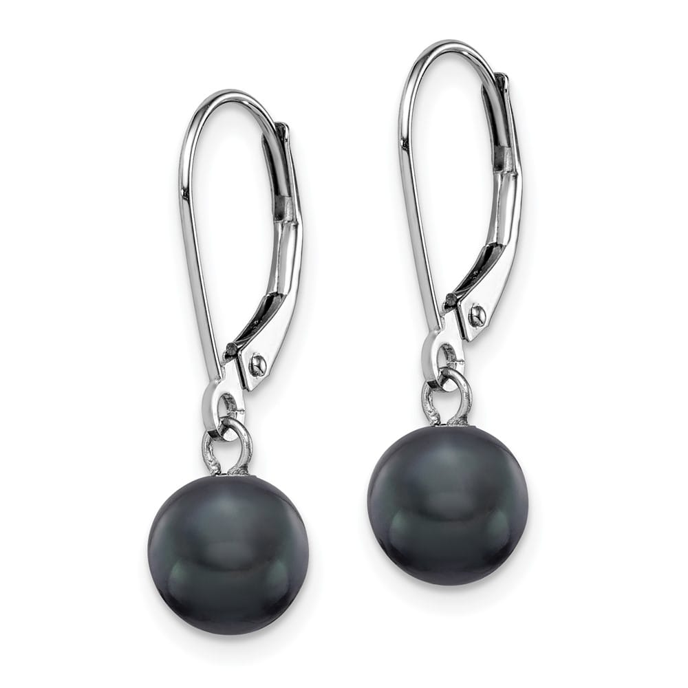 14K White Gold 7-8mm Black Round Freshwater Pearl Dangle Earrings