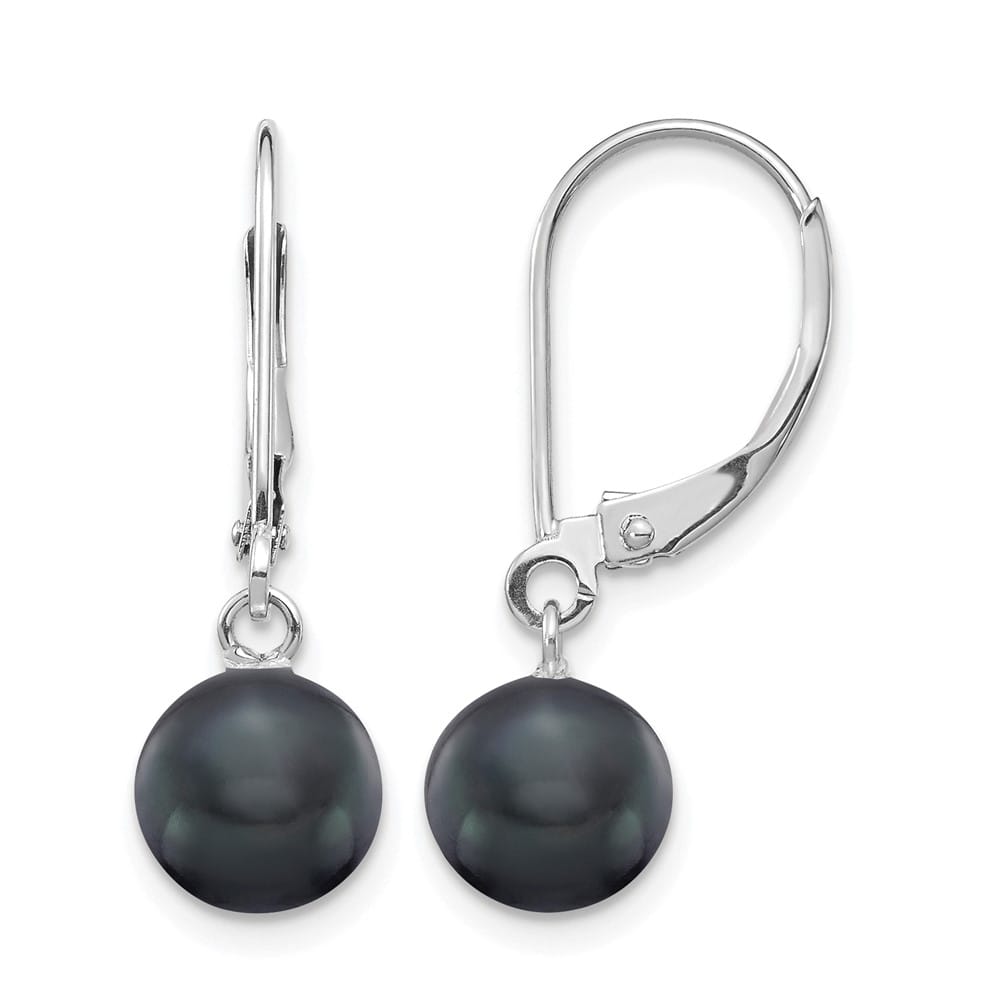 14K White Gold 7-8mm Black Round Freshwater Pearl Dangle Earrings