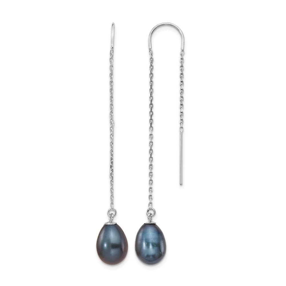 14K White Gold 7-8mm Black Teardrop Freshwater Pearl Threader Earrings