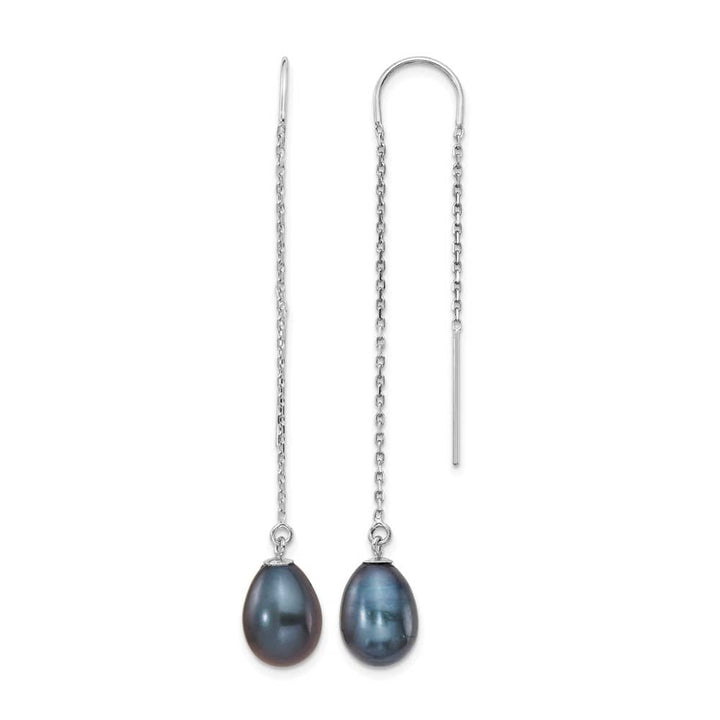 14K White Gold 7-8mm Black Teardrop Freshwater Pearl Threader Earrings