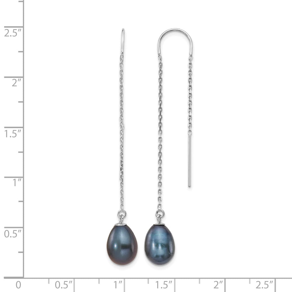 14K White Gold 7-8mm Black Teardrop Freshwater Pearl Threader Earrings