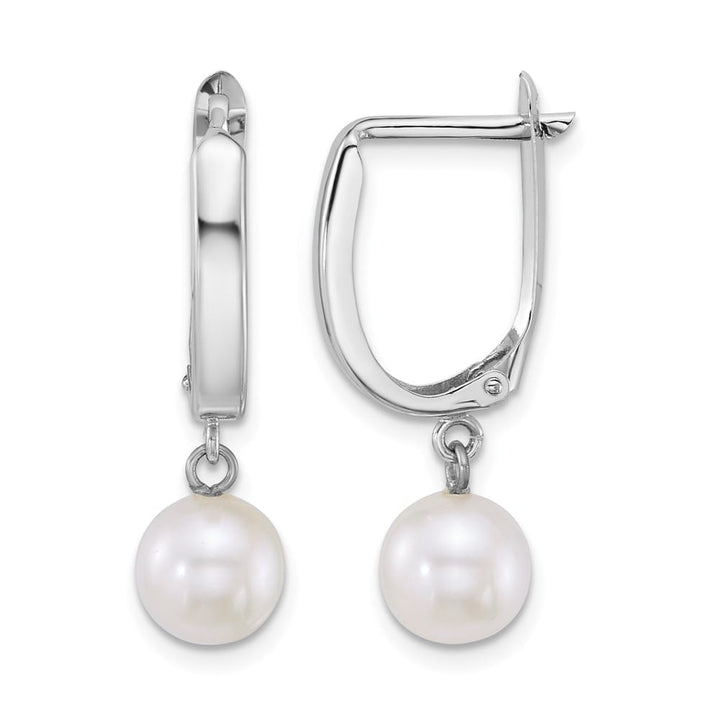 14K White Gold 7-8mm Round White Freshwater Pearl Dangle Hoop Earrings