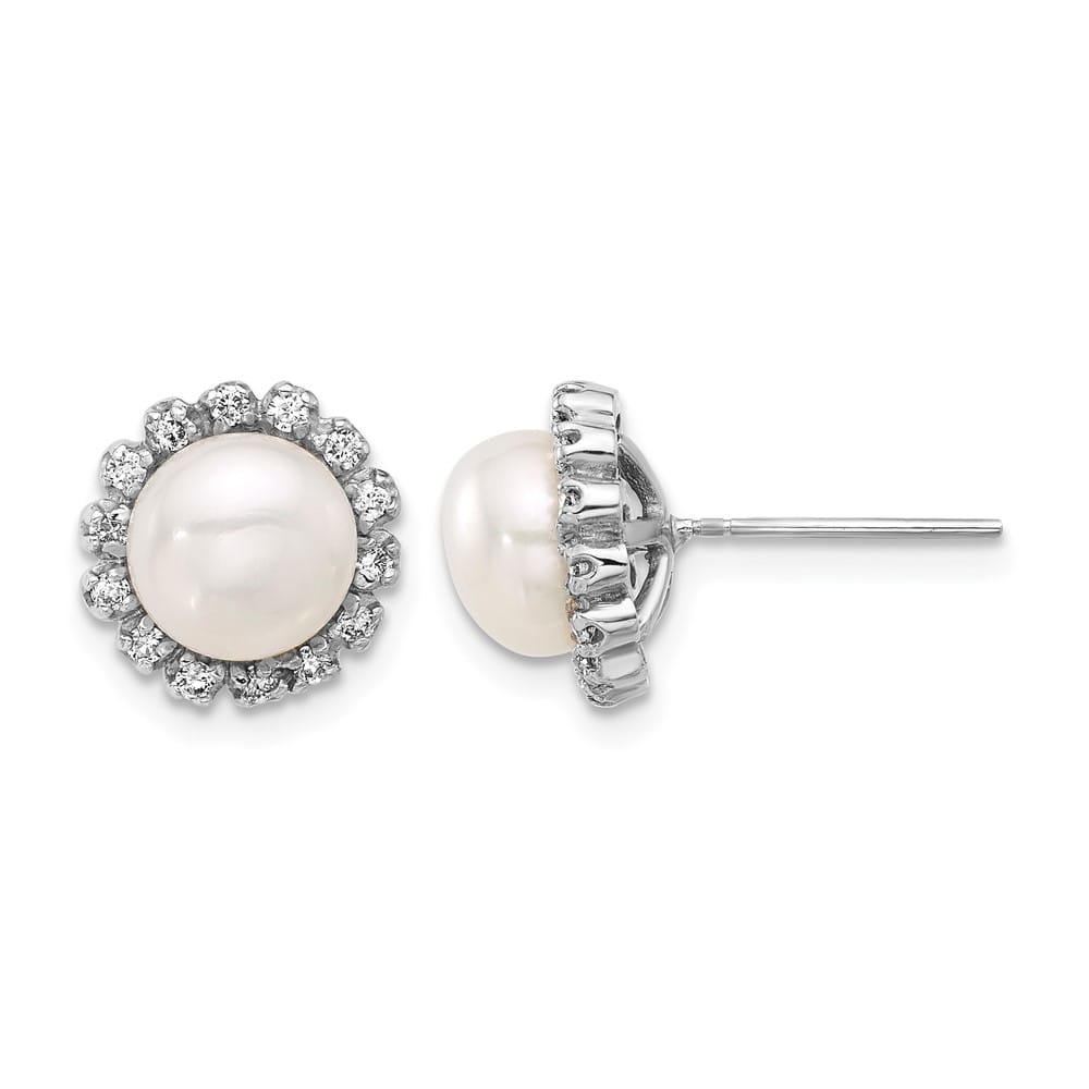 14K White Gold 7-8mm White Button Freshwater Pearl and .28 Earrings