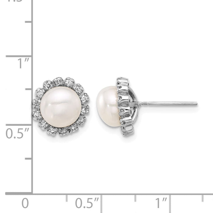 14K White Gold 7-8mm White Button Freshwater Pearl and .28 Earrings