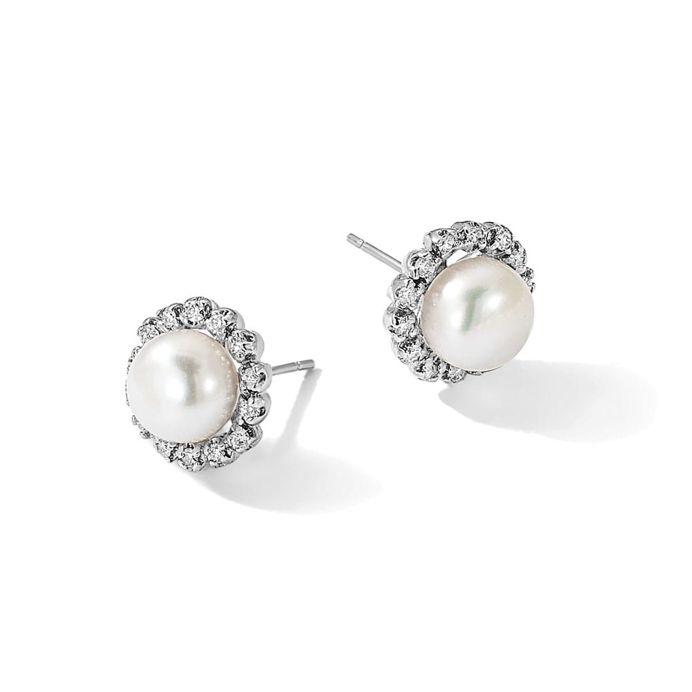 14K White Gold 7-8mm White Button Freshwater Pearl and .28 Earrings
