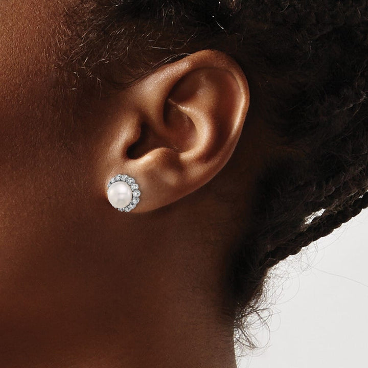 14K White Gold 7-8mm White Button Freshwater Pearl and .28 Earrings