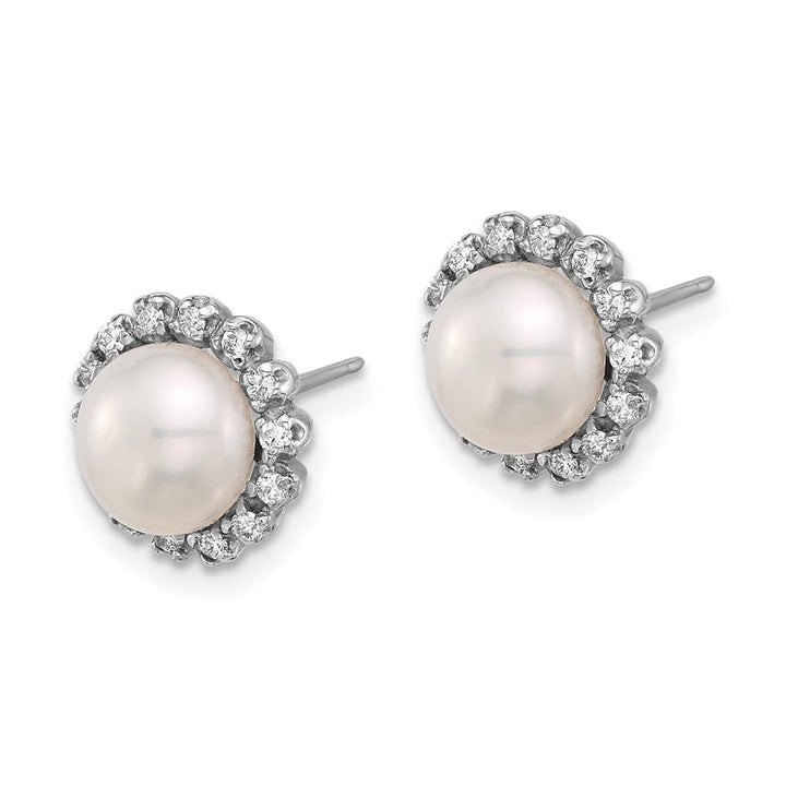 14K White Gold 7-8mm White Button Freshwater Pearl and .28 Earrings