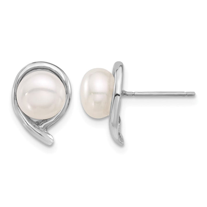 14K White Gold 7-8mm White Button Freshwater Pearl Post Earrings