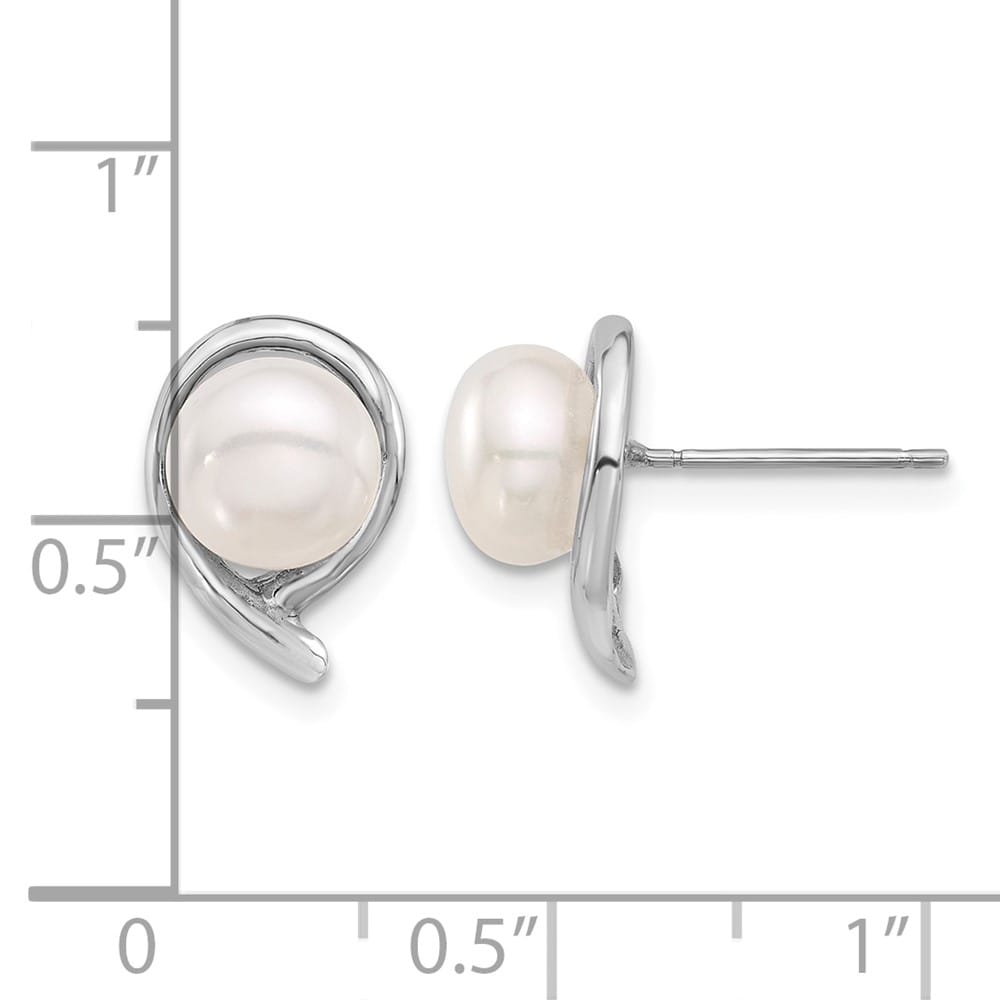 14K White Gold 7-8mm White Button Freshwater Pearl Post Earrings