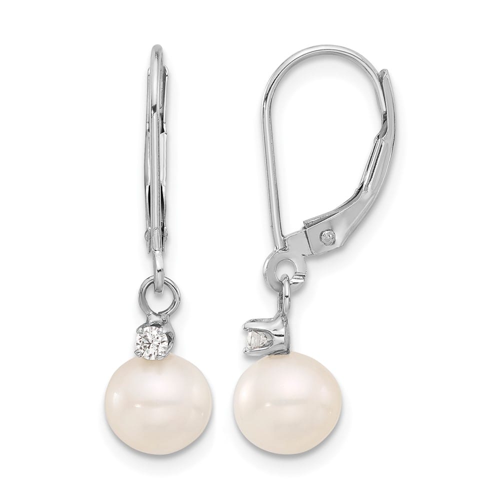 14K White Gold 7-8mm White Round Freshwater Pearl and .10 Earrings
