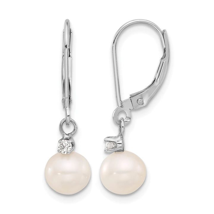 14K White Gold 7-8mm White Round Freshwater Pearl and .10 Earrings