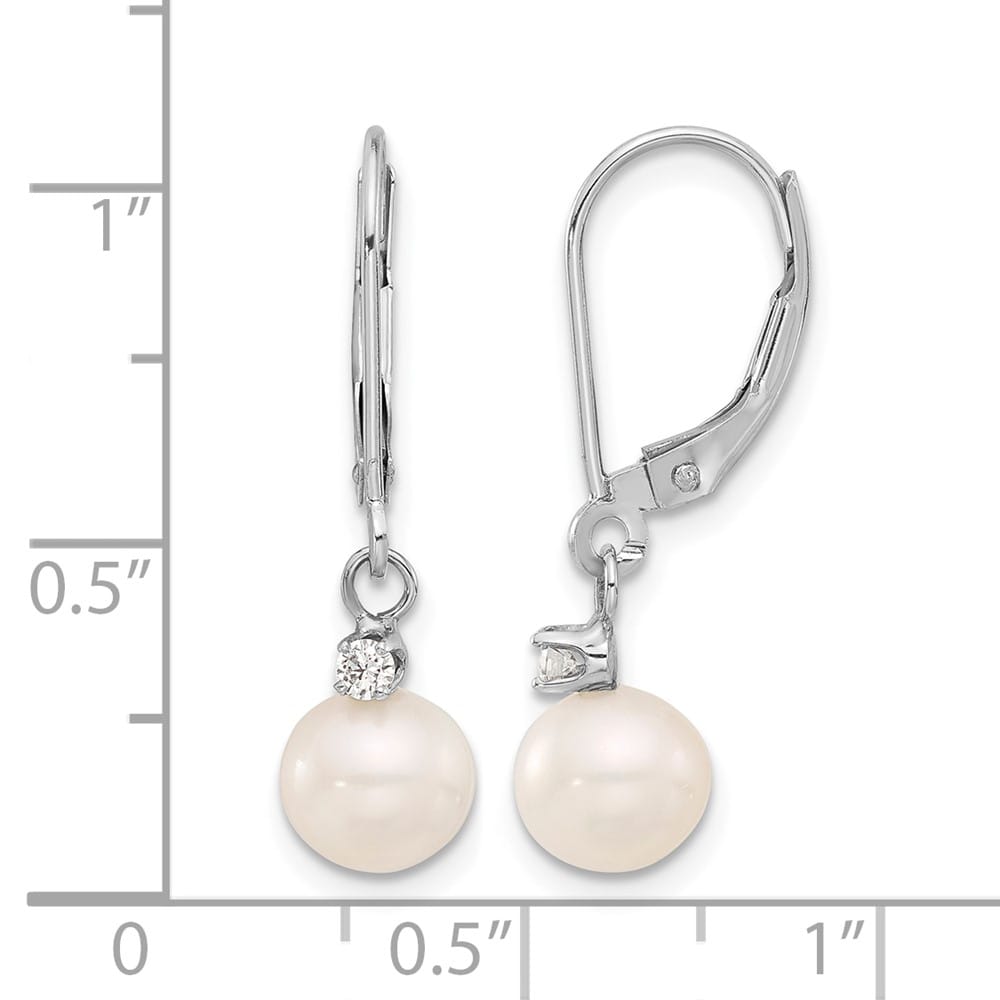 14K White Gold 7-8mm White Round Freshwater Pearl and .10 Earrings