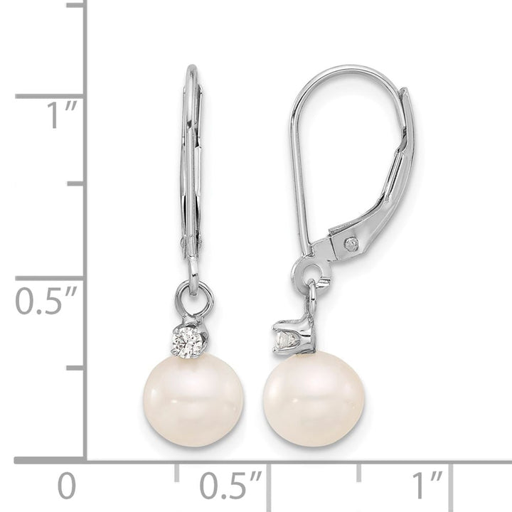 14K White Gold 7-8mm White Round Freshwater Pearl and .10 Earrings