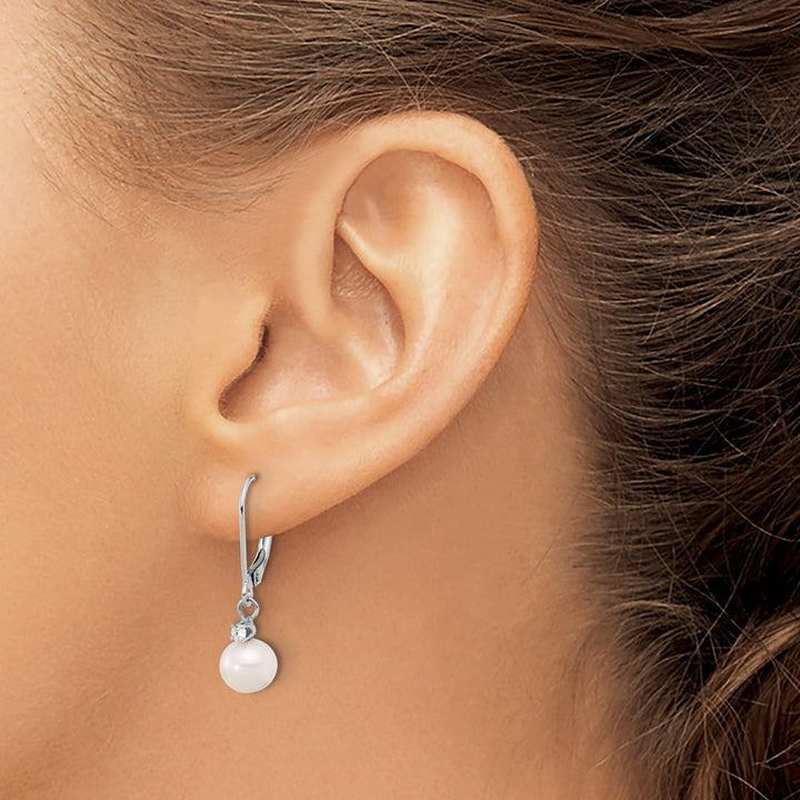 14K White Gold 7-8mm White Round Freshwater Pearl and .10 Earrings