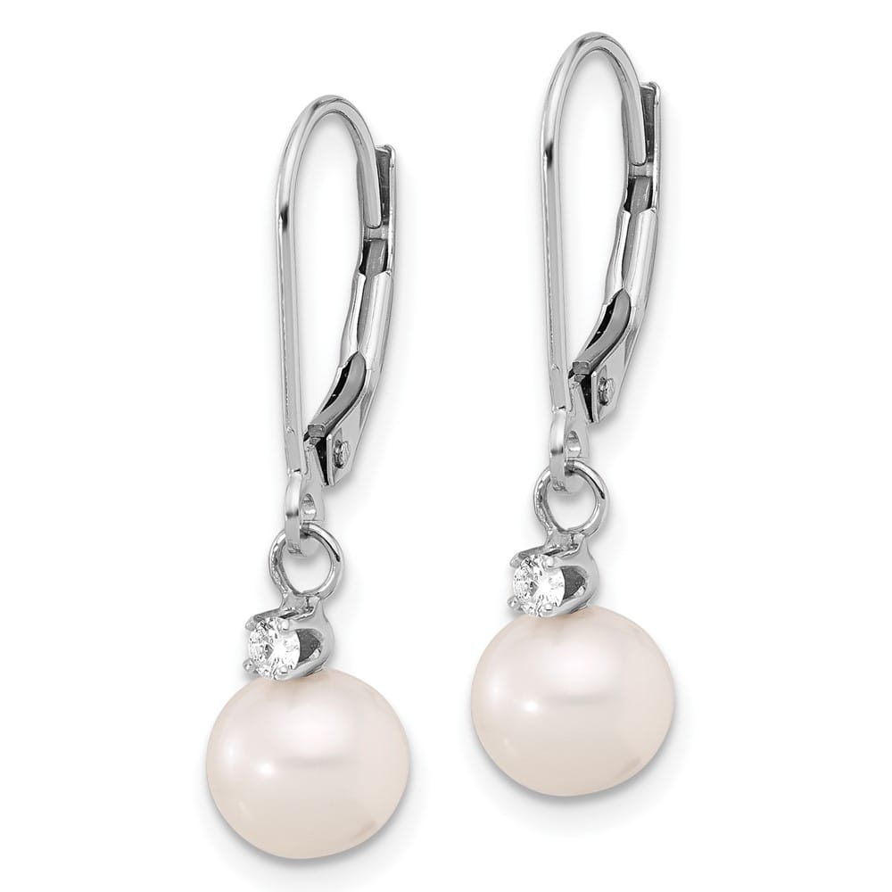14K White Gold 7-8mm White Round Freshwater Pearl and .10 Earrings