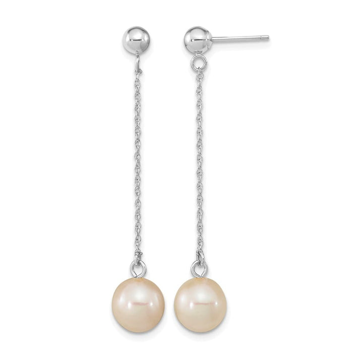 14K White Gold 7-8mm White Round Freshwater Pearl Chain Earrings