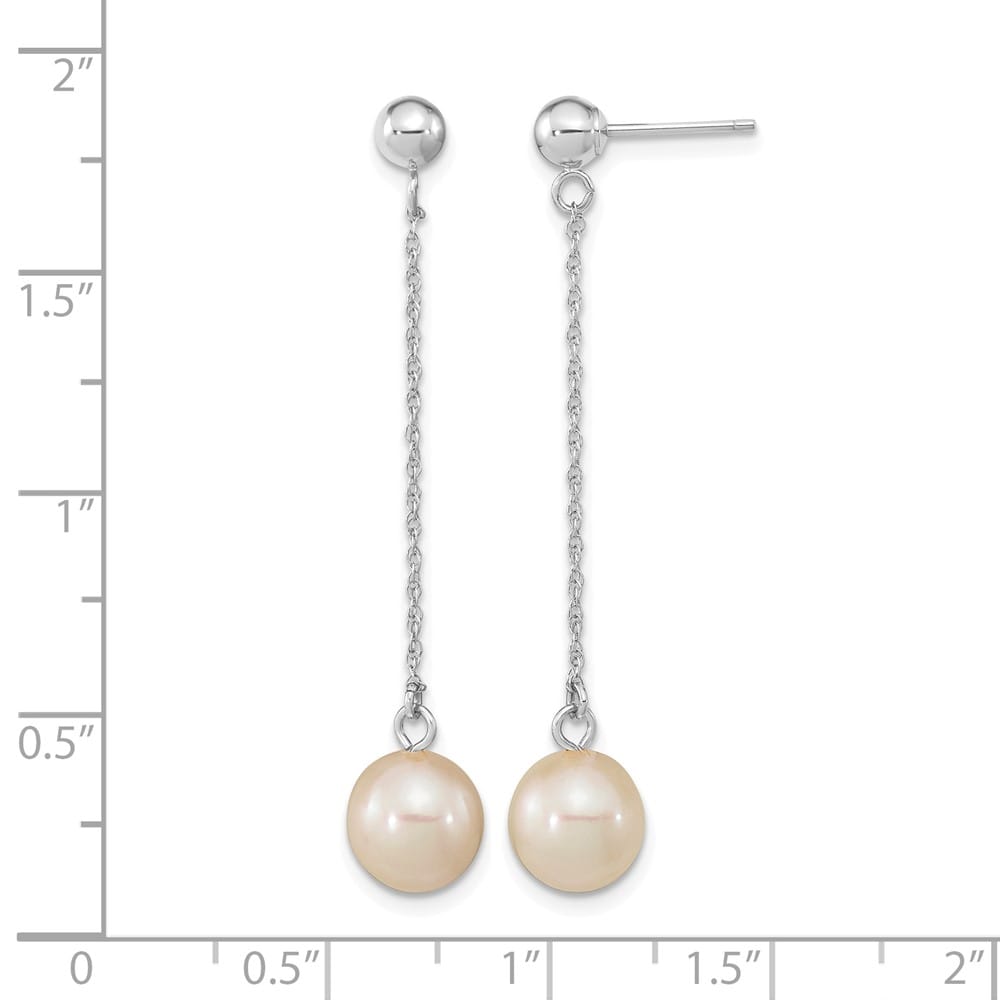 14K White Gold 7-8mm White Round Freshwater Pearl Chain Earrings