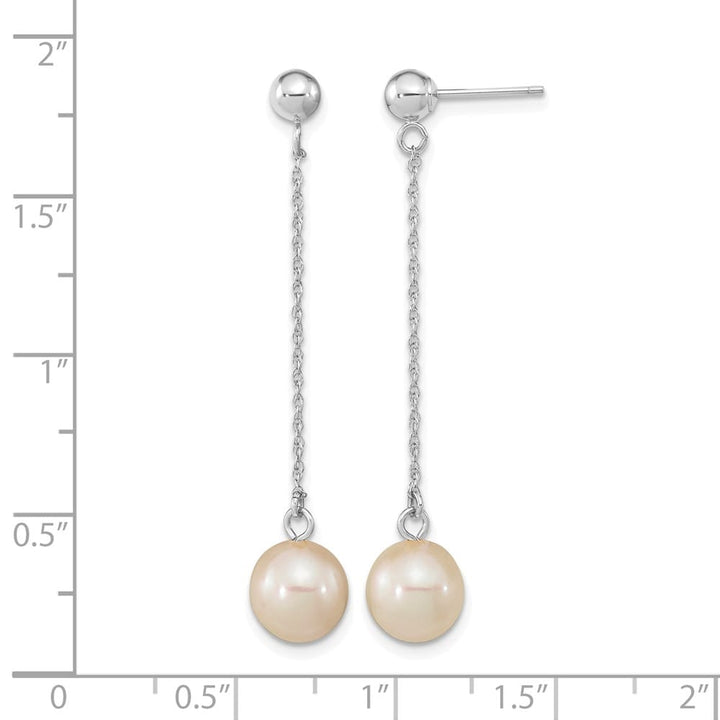 14K White Gold 7-8mm White Round Freshwater Pearl Chain Earrings