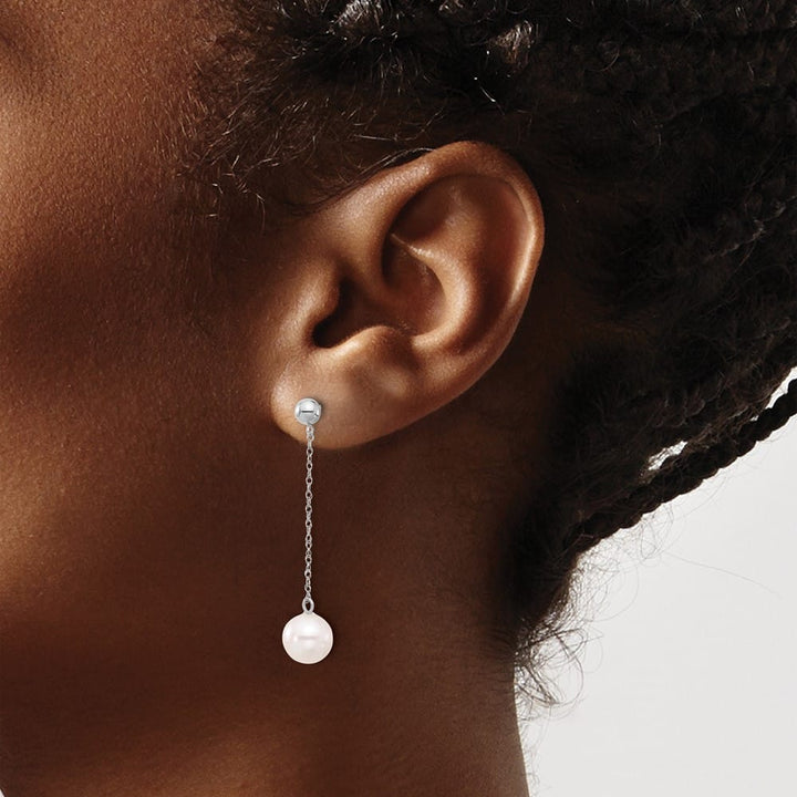 14K White Gold 7-8mm White Round Freshwater Pearl Chain Earrings