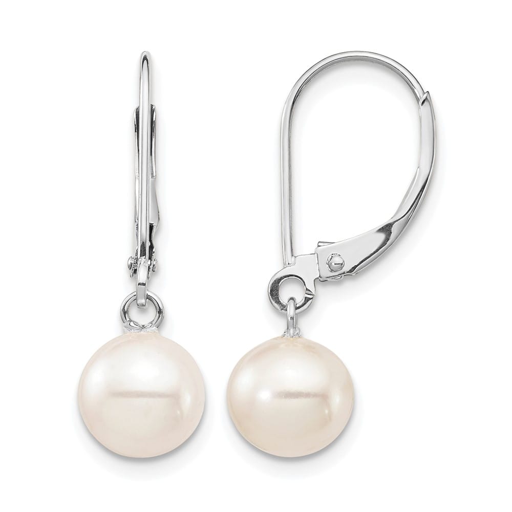 14K White Gold 7-8mm White Round Freshwater Pearl Dangle Earrings