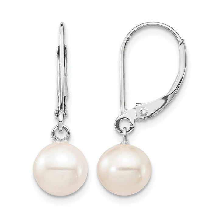 14K White Gold 7-8mm White Round Freshwater Pearl Dangle Earrings