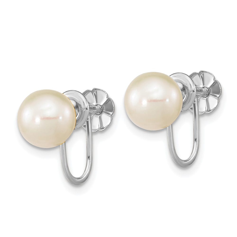14K White Gold 7-8mm White Round Freshwater Pearl Non Pierced Earrings