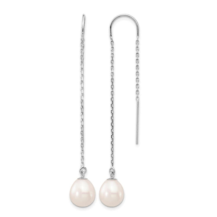 14K White Gold 7-8mm White Teardrop Freshwater Pearl Threader Earrings