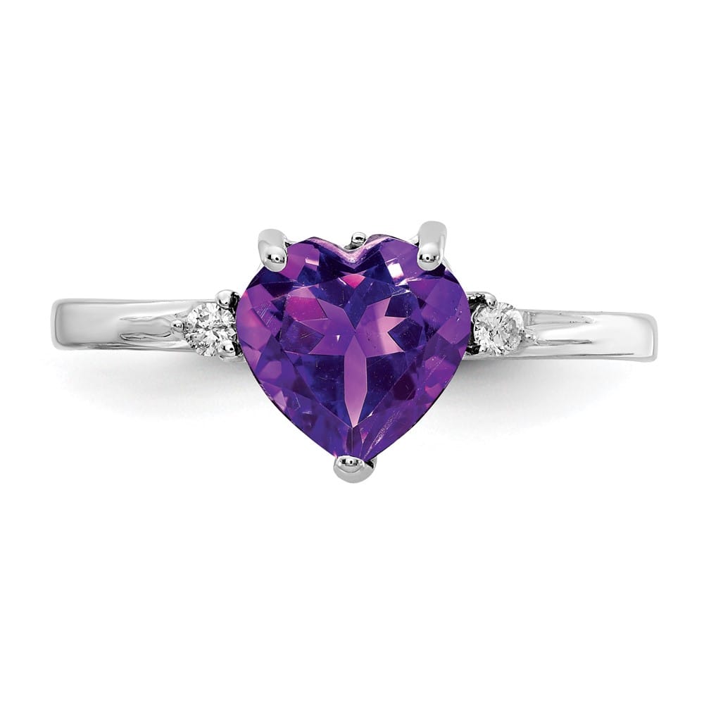 14k White Gold 7 mm Heart Amethyst and 1/20 Carat Diamond Ring