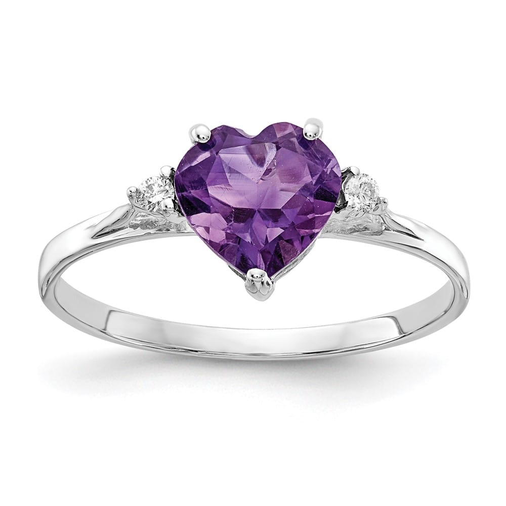 14k White Gold 7 mm Heart Amethyst and 1/20 Carat Diamond Ring