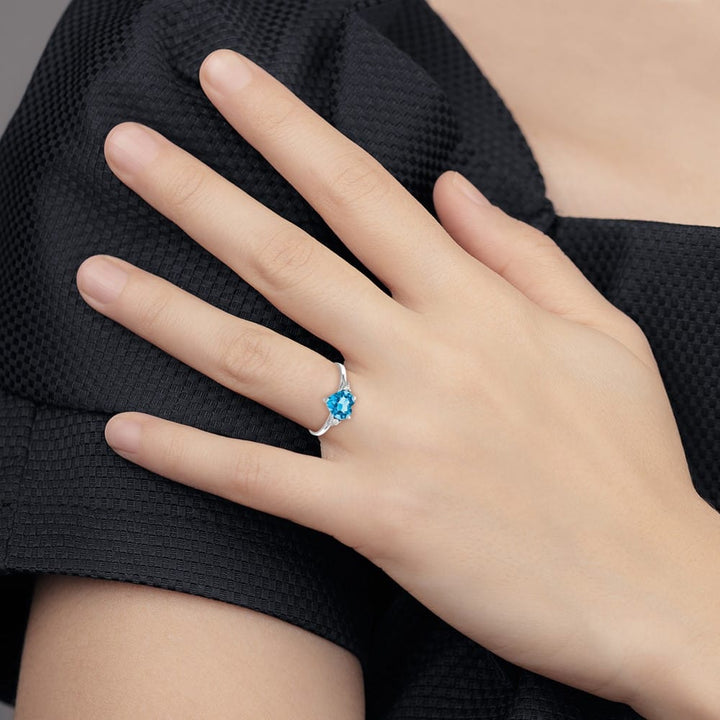 14k White Gold 7 mm Heart Blue Topaz and 1/20 Carat Diamond Ring