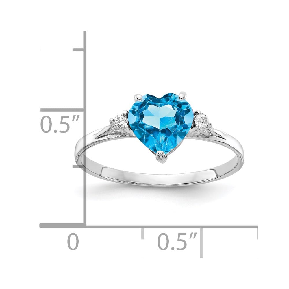 14k White Gold 7 mm Heart Blue Topaz and 1/20 Carat Diamond Ring