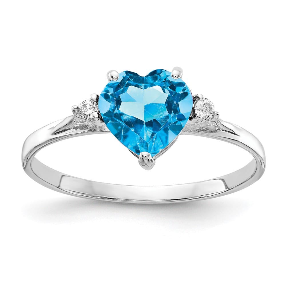 14k White Gold 7 mm Heart Blue Topaz and 1/20 Carat Diamond Ring