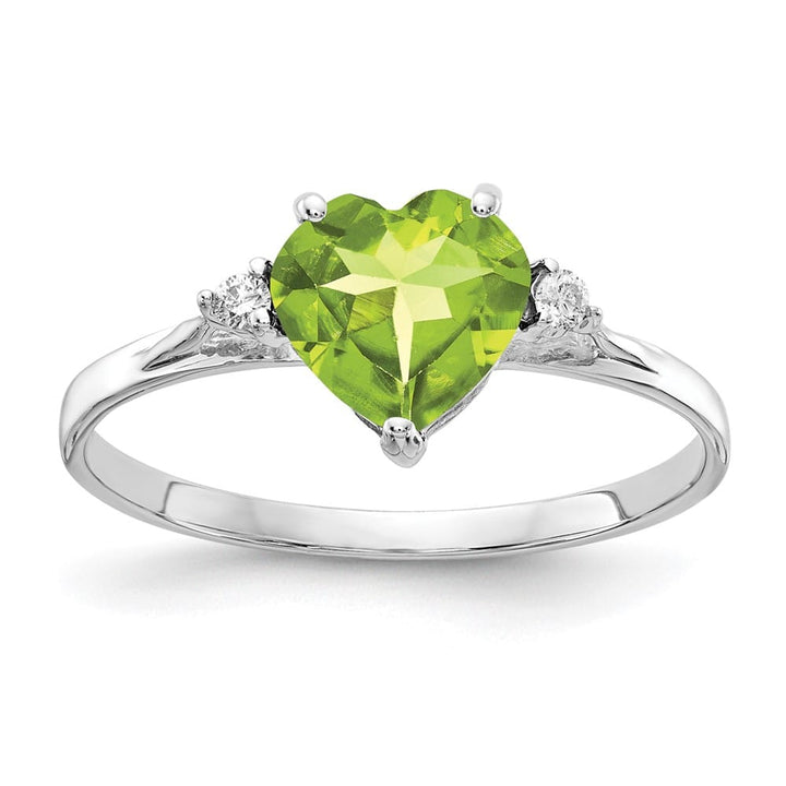 14k White Gold 7 mm Heart Peridot and Diamond Ring
