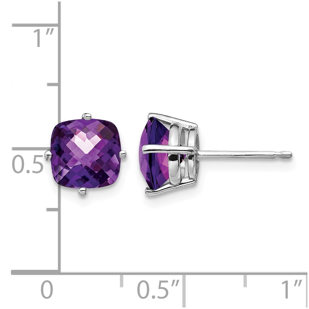14K White Gold 7mm Cushion Amethyst Checkerboard Post Earrings, view 4 of 4