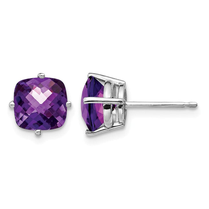 14K White Gold 7mm Cushion Amethyst Checkerboard Post Earrings, view 1 of 4