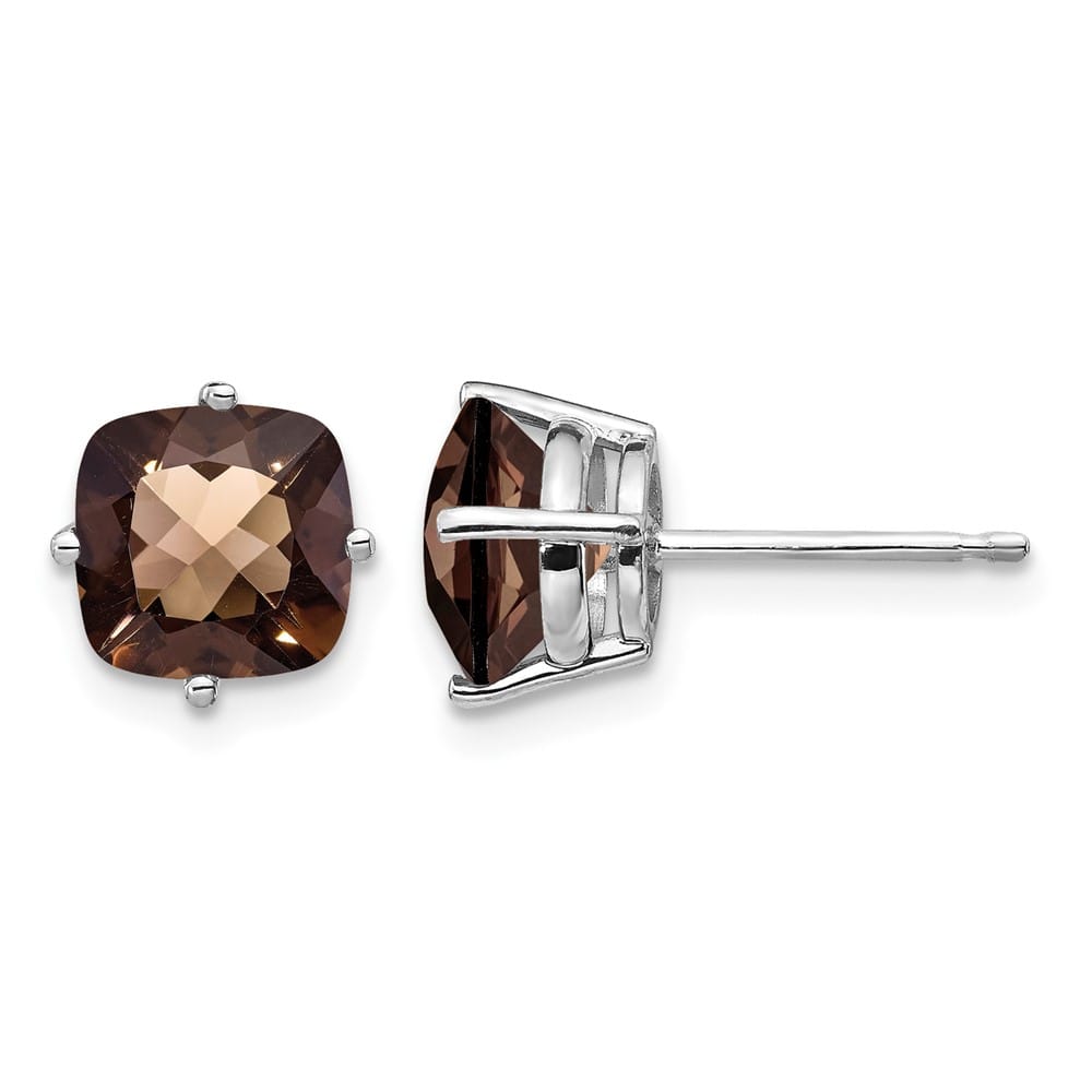 14K White Gold 7mm Cushion Smoky Quartz Checkerboard Post Earrings, view 1 of 4