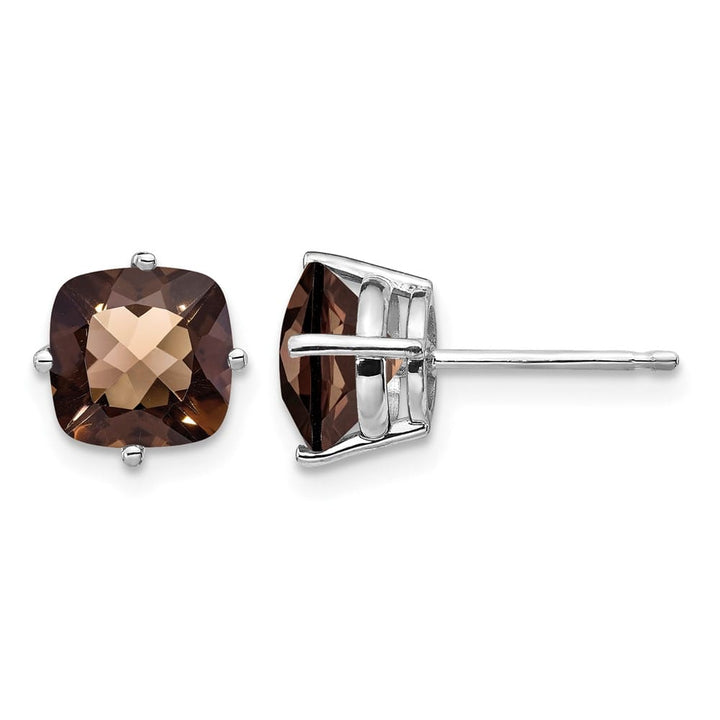 14K White Gold 7mm Cushion Smoky Quartz Checkerboard Post Earrings, view 1 of 4