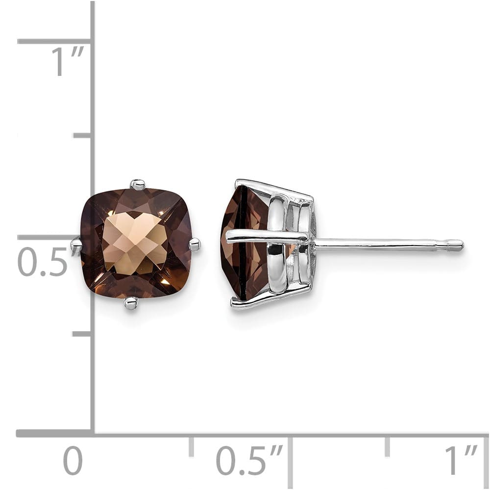 14K White Gold 7mm Cushion Smoky Quartz Checkerboard Post Earrings, view 4 of 4