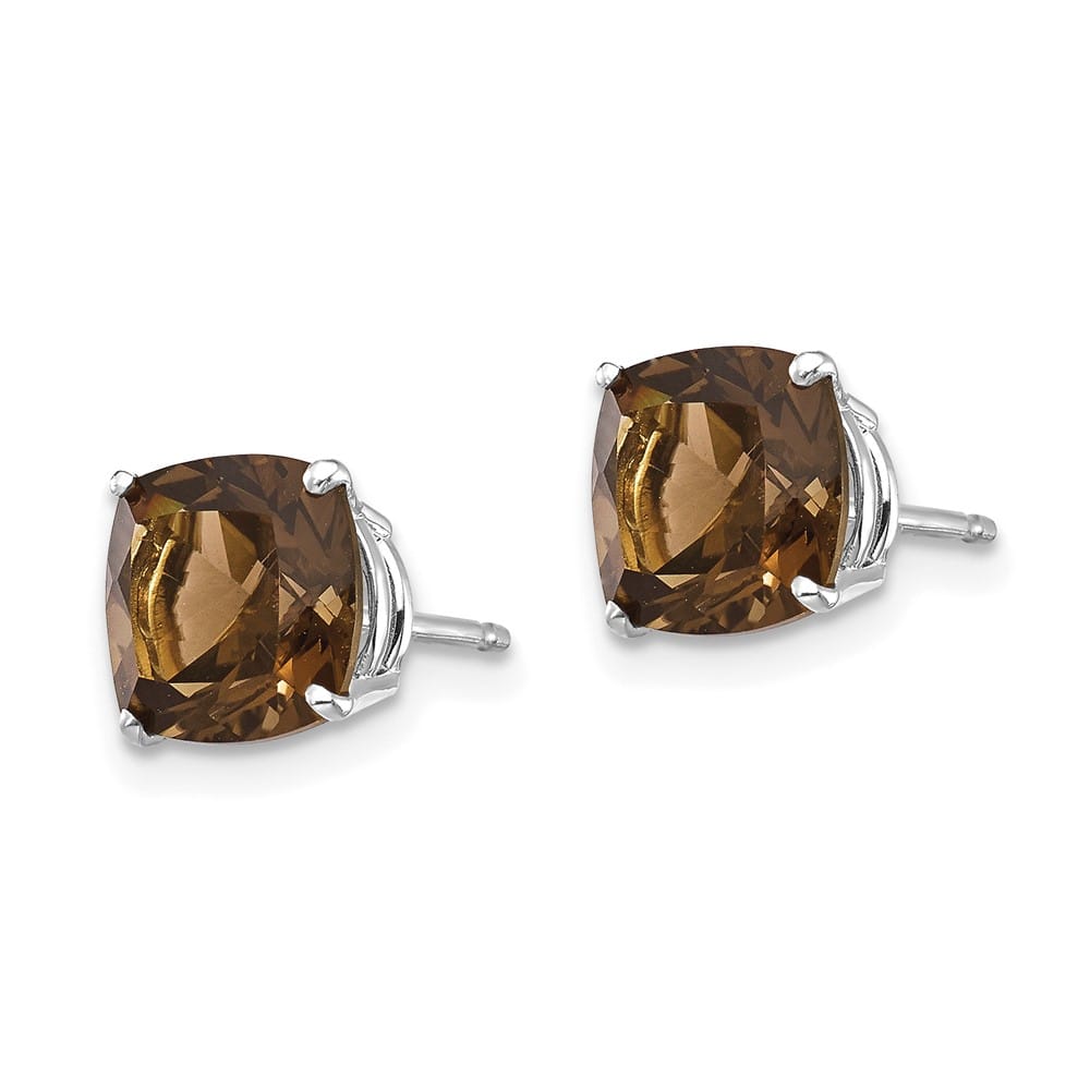 14K White Gold 7mm Cushion Smoky Quartz Checkerboard Post Earrings, view 2 of 4