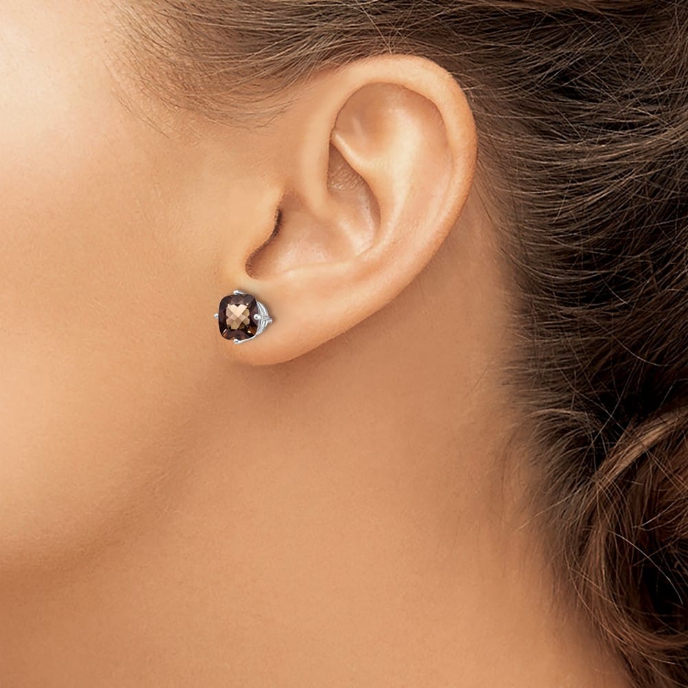 14K White Gold 7mm Cushion Smoky Quartz Post Earrings, view 3 of 4