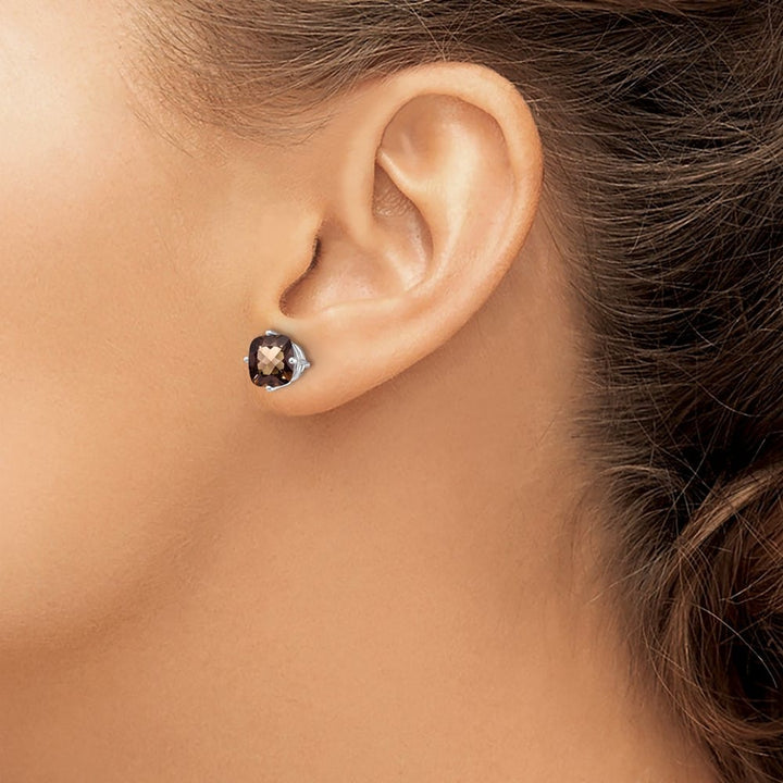 14K White Gold 7mm Cushion Smoky Quartz Post Earrings, view 3 of 4